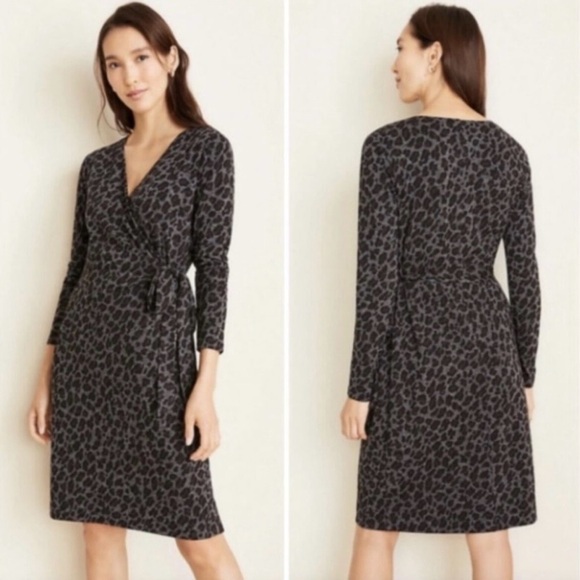 Ann Taylor Petite Gray Leopard Print Knit Wrap Dress XXSP - Picture 1 of 16
